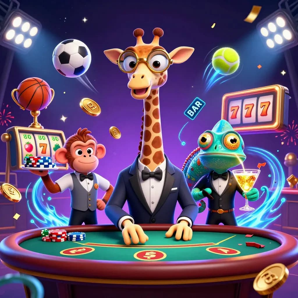 Three cartoon casino animals at a poker table with sports balls, coins, trophies, and blue energy