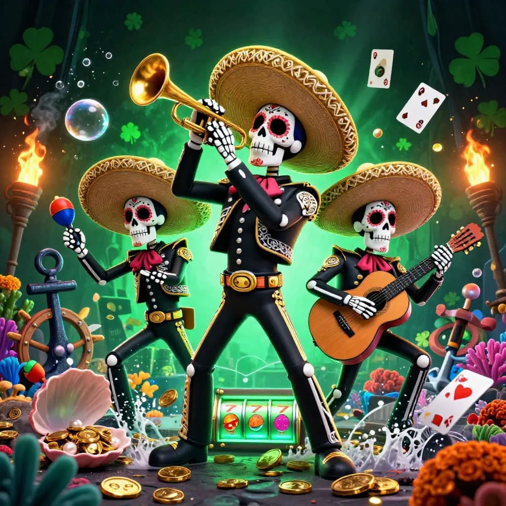 Three skeleton mariachi heroes in a neon treasure cove with coins, coral, cards and reels.