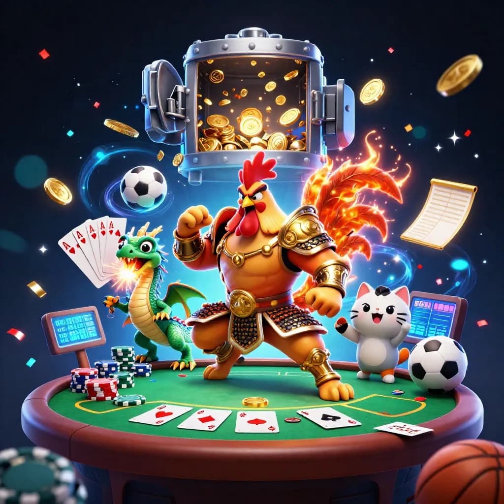 Rooster warrior, dragon hatchling, and fortune cat amid casino gold, chips, fireworks, and sports betting props.