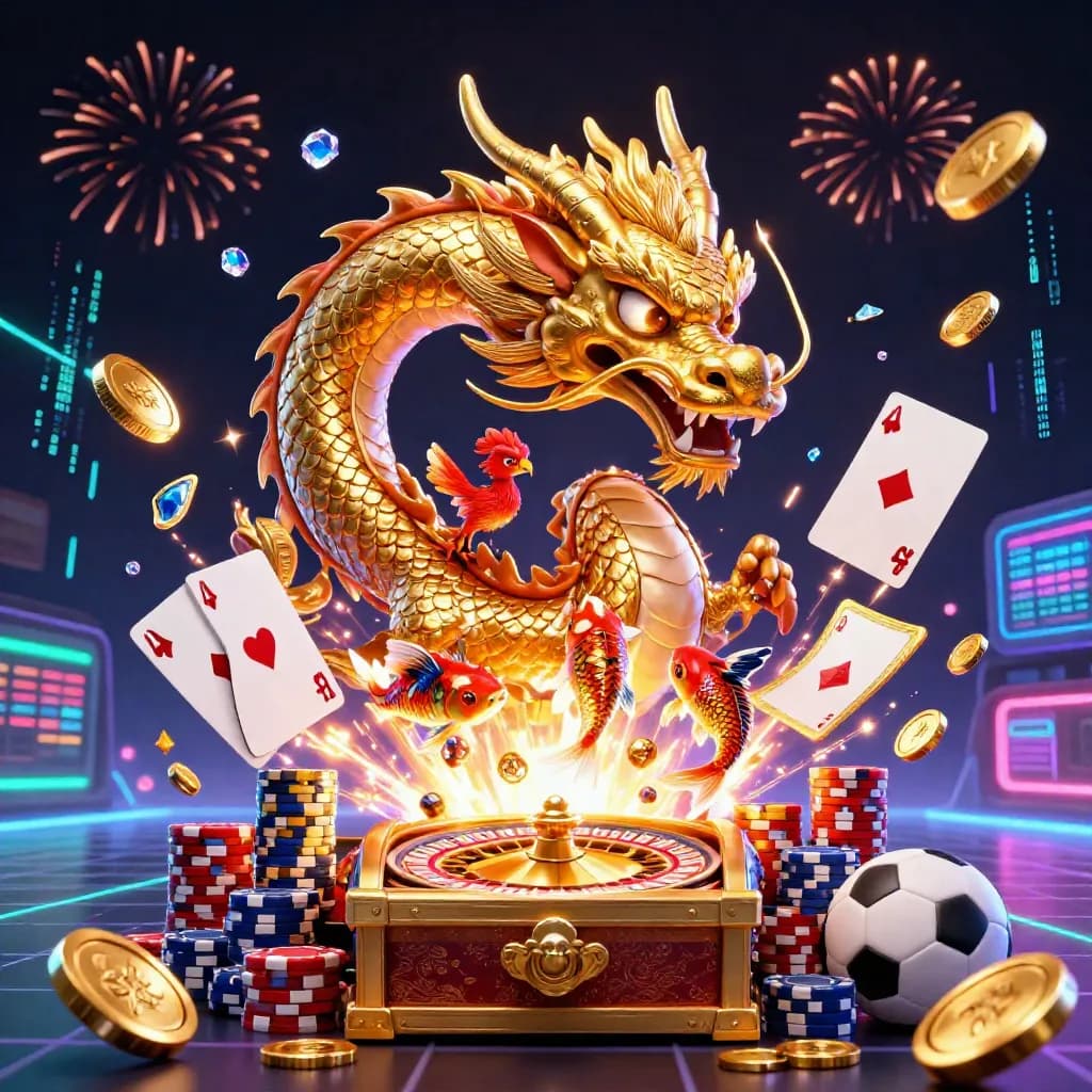 Golden dragon, phoenix, koi, coins, roulette, chips, and sports gear exploding in neon casino light.
