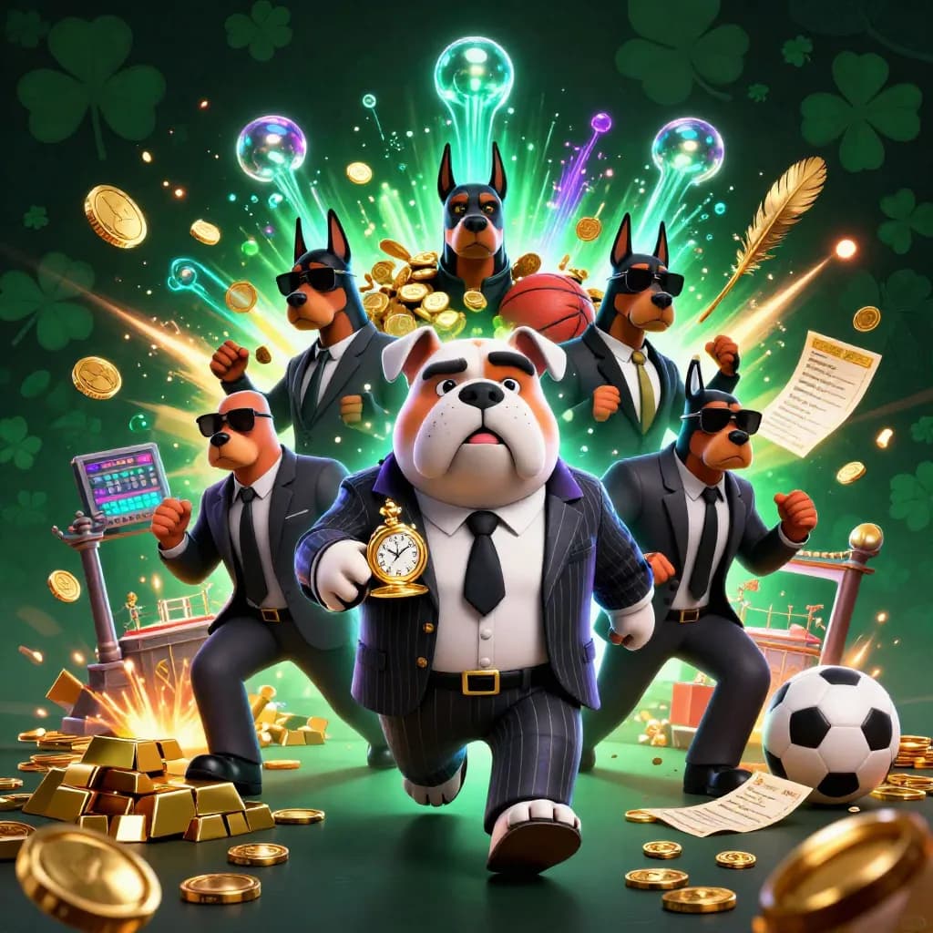 Bulldog boss and two dobermans explode through coins, sports props, and neon treasure in a dark fantasy casino scene