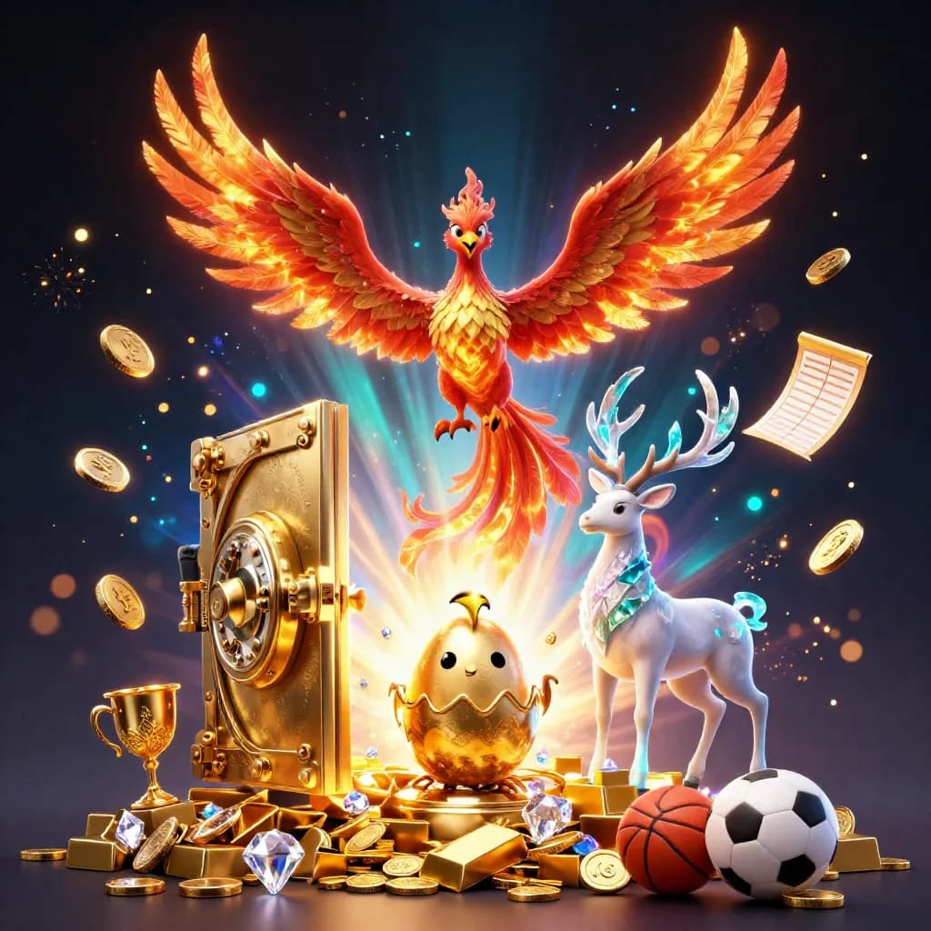 Phoenix, baby phoenix, and stag burst from a treasure vault with coins, gems, and sports icons.