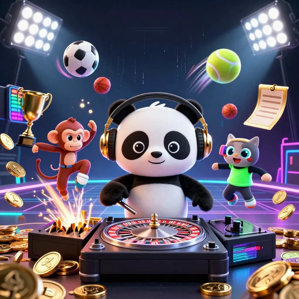 DJ panda, breakdancing monkey, and rave kitten amid coins, sports balls, trophy, and neon casino energy.