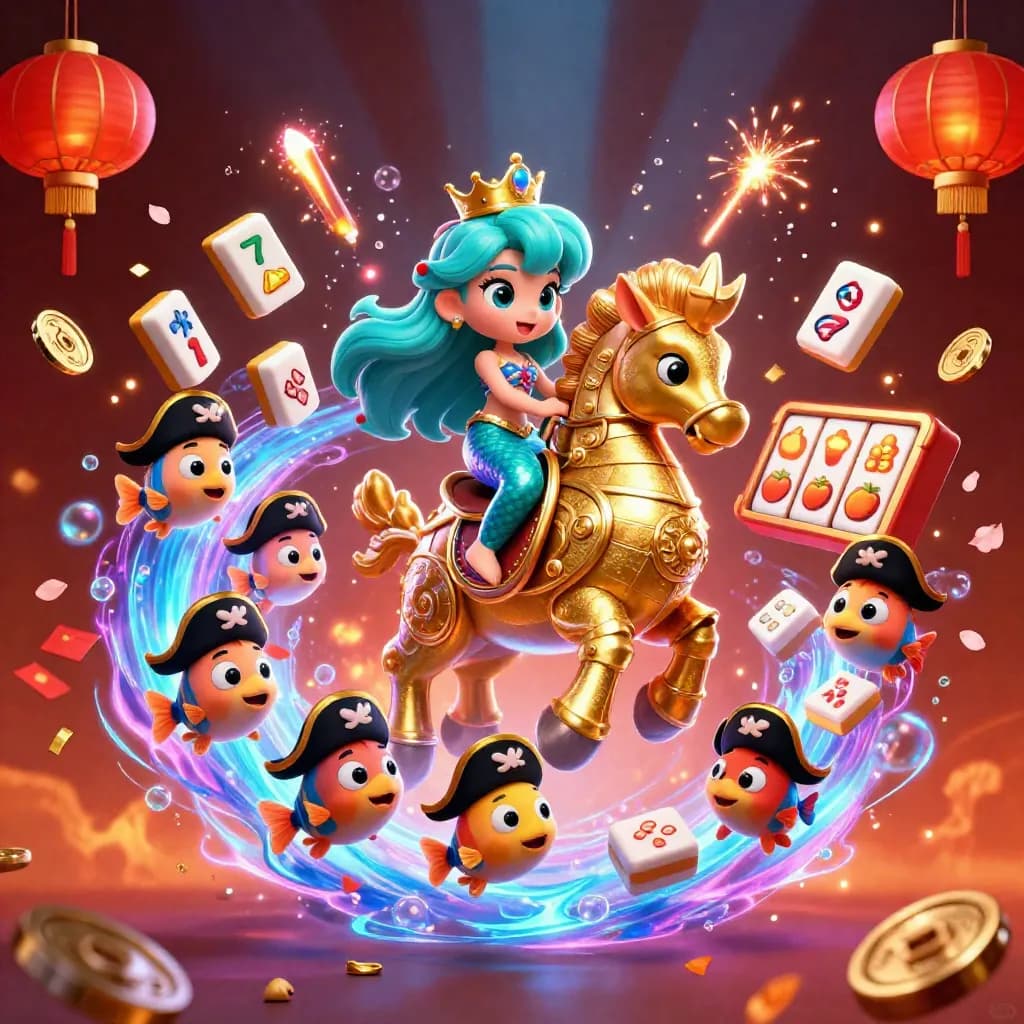 Mermaid princess rides armored seahorse amid casino symbols, coins, lanterns, and glowing effects.