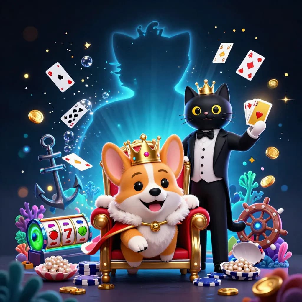 Crowned corgi and cat butler amid coins, coral, cards, and glowing casino treasure.