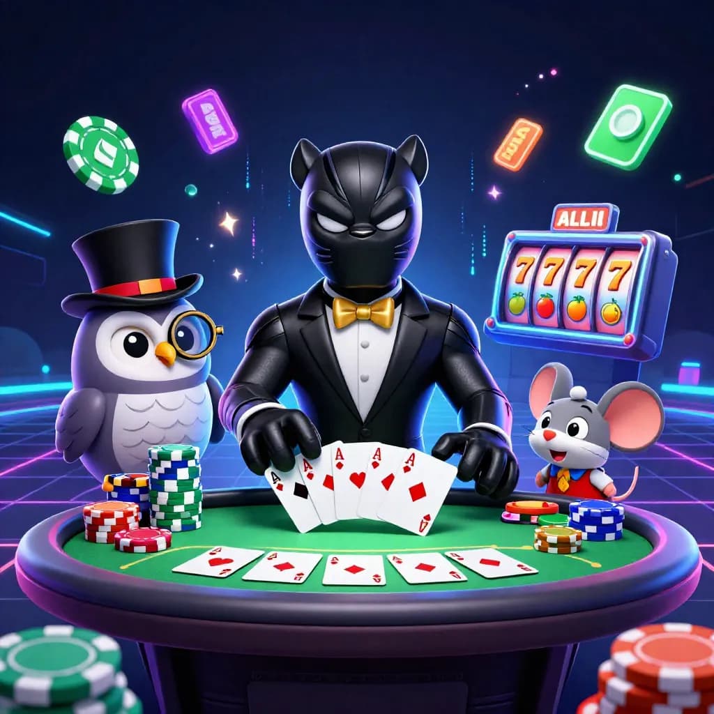 Panther, owl and mouse gambling amid chips, cards and neon energy on a dark casino backdrop.