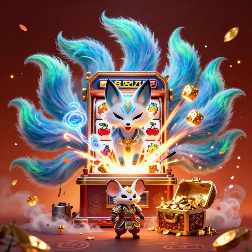 Neon fox spirit and samurai mouse amid slot bursts, gold dice, petals, and glowing runes