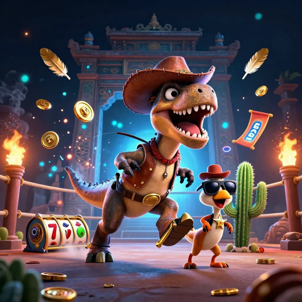 Cowboy T-Rex, cactus sidekick, and roadrunner amid casino reels, coins, and temple gates.