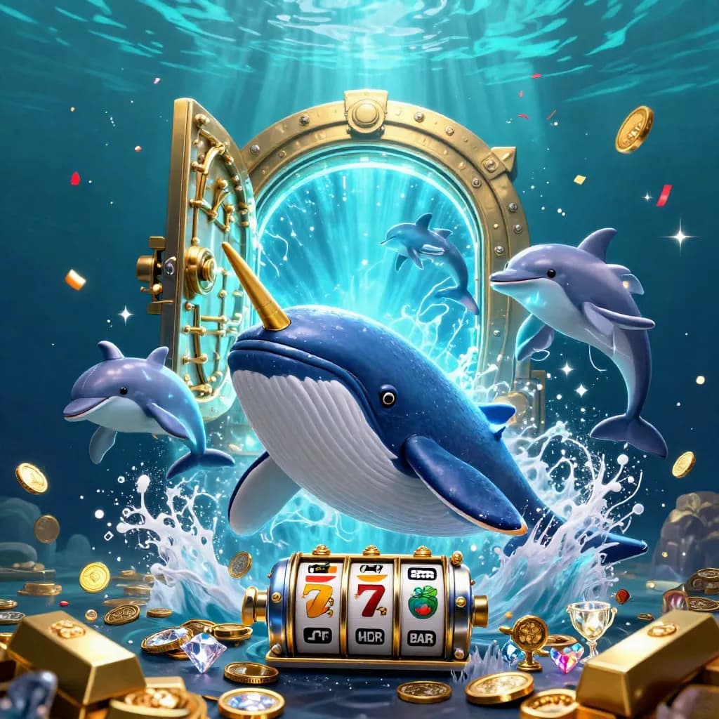Captain whale and narwhal burst through coins and a glowing vault in an electric-blue casino splash.
