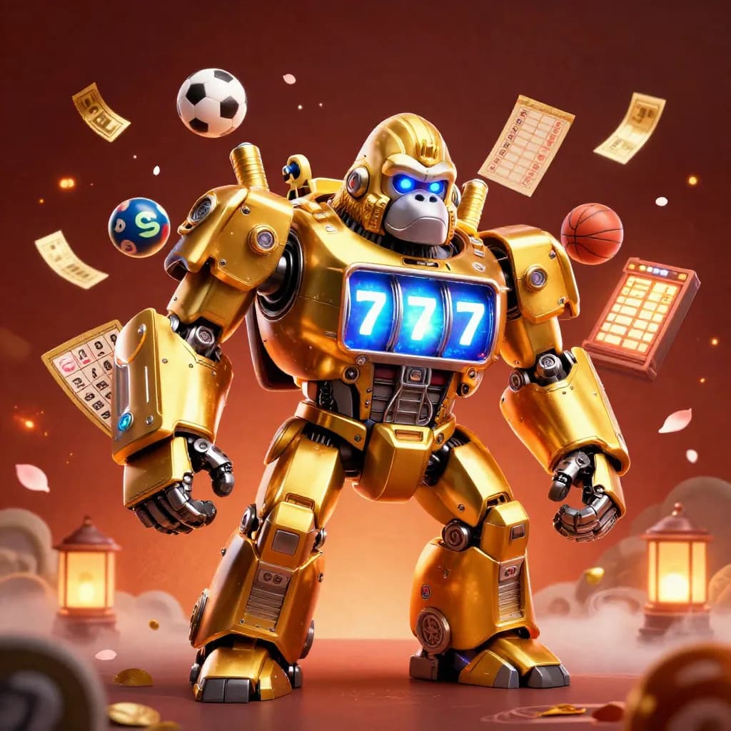 Golden gorilla mech with monkey pilot, reels, prize wheel, lottery balls and betting props
