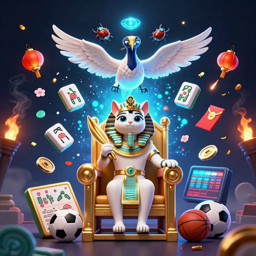 Pharaoh cat, ibis scribe, and gem-wing scarabs amid neon casino and sports props.