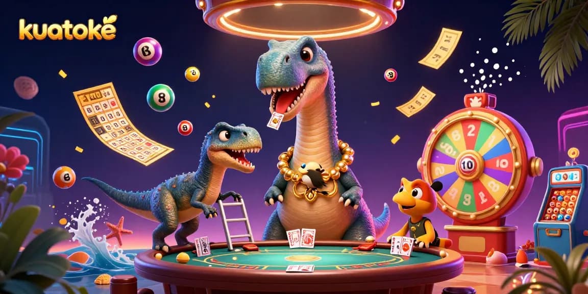 Kuatoke showcases vibrant casino fun with a towering brontosaurus and clever raptor at a poker table.