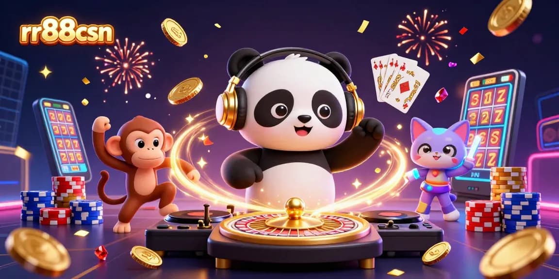 Experience the thrills of rr88csn with lively characters in a vibrant casino scene celebrating gaming.