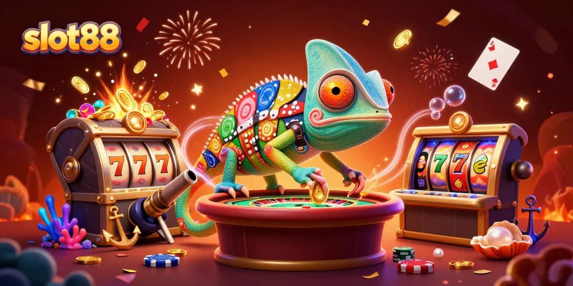 Permainan slot88 yang menarik dengan perpaduan elemen kasino, harta karun, dan lampu warna-warni.