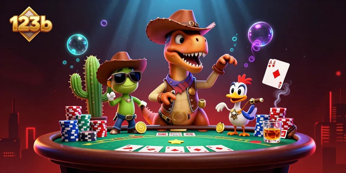 Experience thrilling action with 123 b in a vibrant casino scene featuring T-Rex and poker elements.