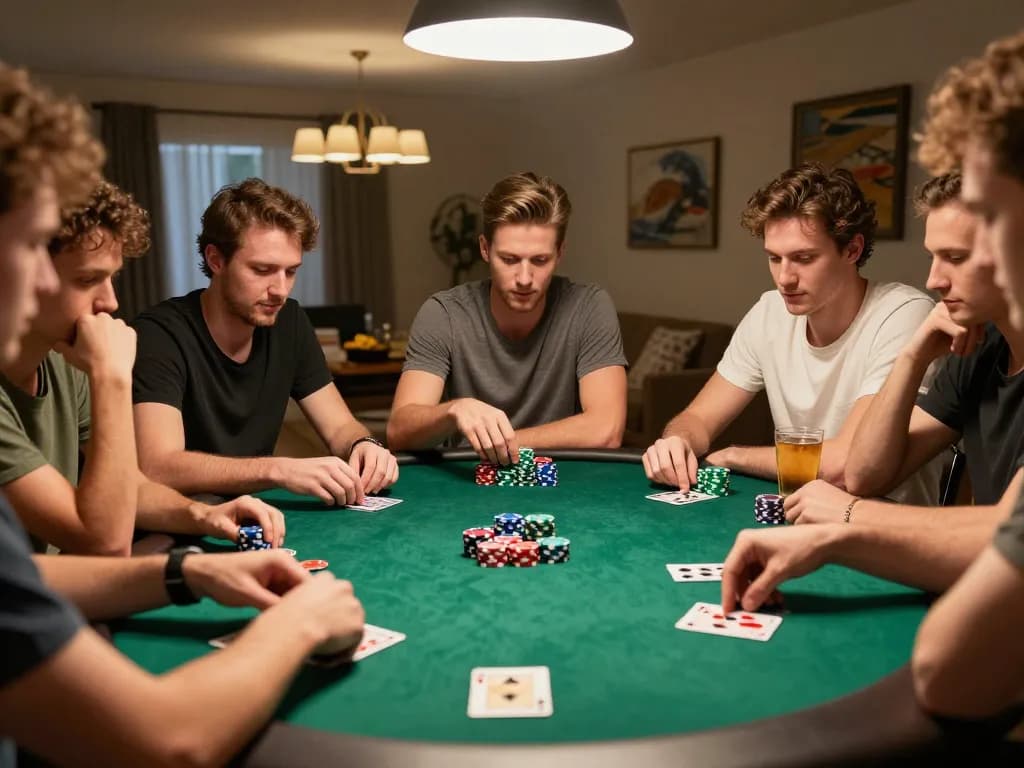 B52club home poker night scene showing friends engaged in a competitive game with chips stacked and drinks on the table.