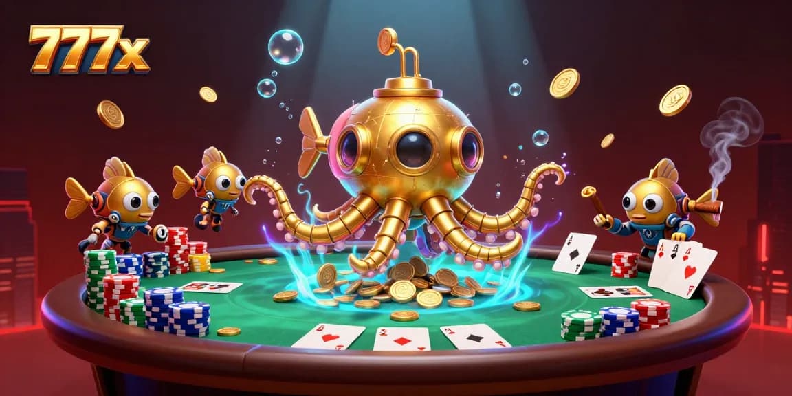 Spin and win with 777x in a vibrant, golden casino scene filled with poker excitement