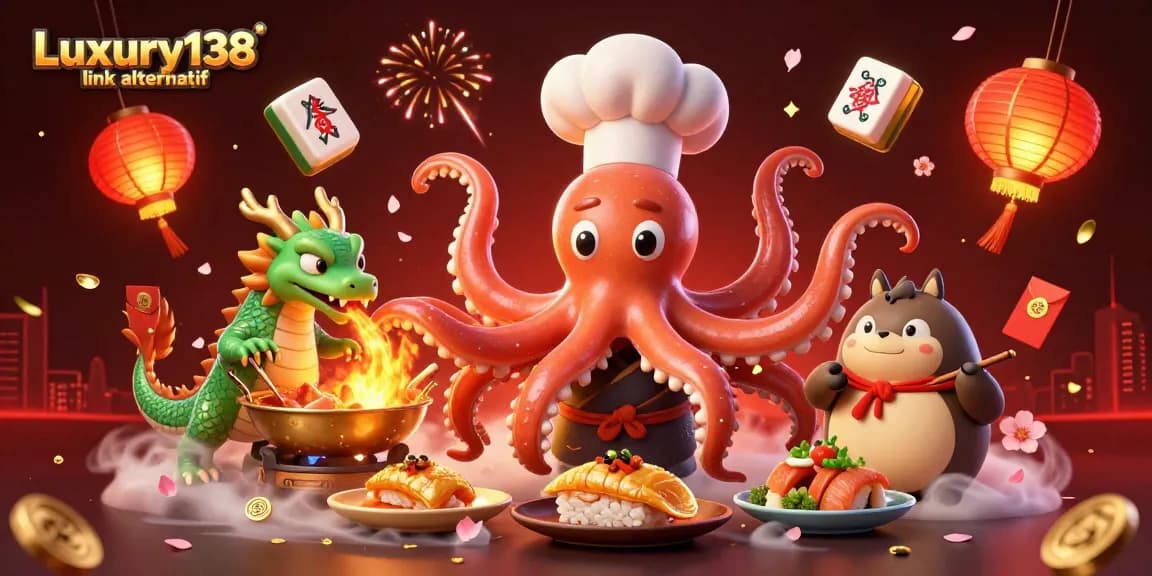 Engage with Luxury138 link alternatif through a vibrant 3D casino scene showcasing game elements and characters.