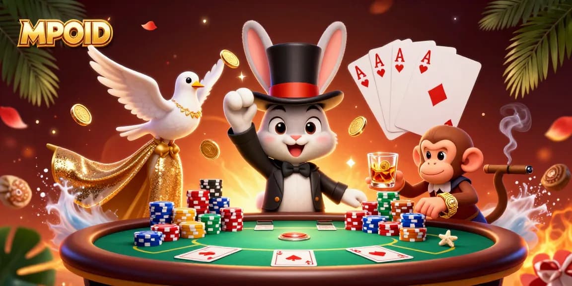MPOID players enjoy thrilling moments betting as a magician rabbit conjures coins and a monkey steals poker chips.