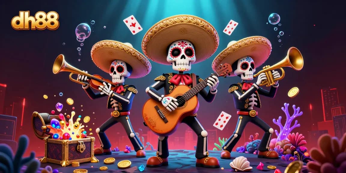 Experience thrilling gameplay with dh88's skeleton mariachi band in an energetic 3D casino scene.