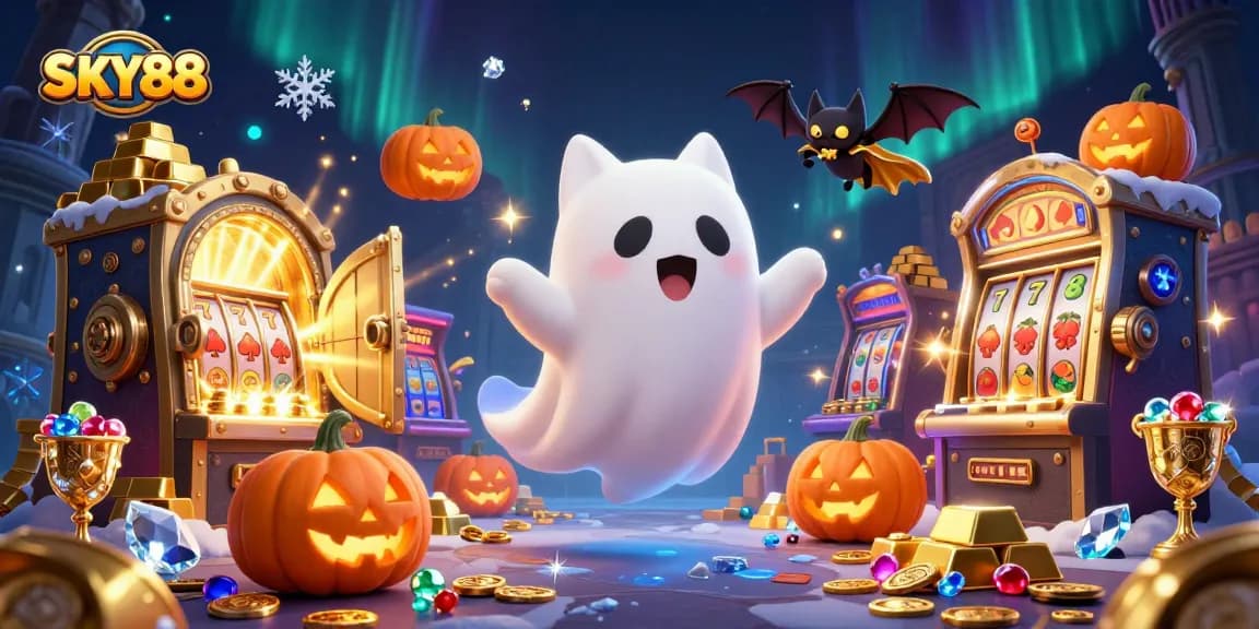 Sky88 captures the magic of haunted slots, featuring a playful ghost cat and treasure-filled atmosphere.