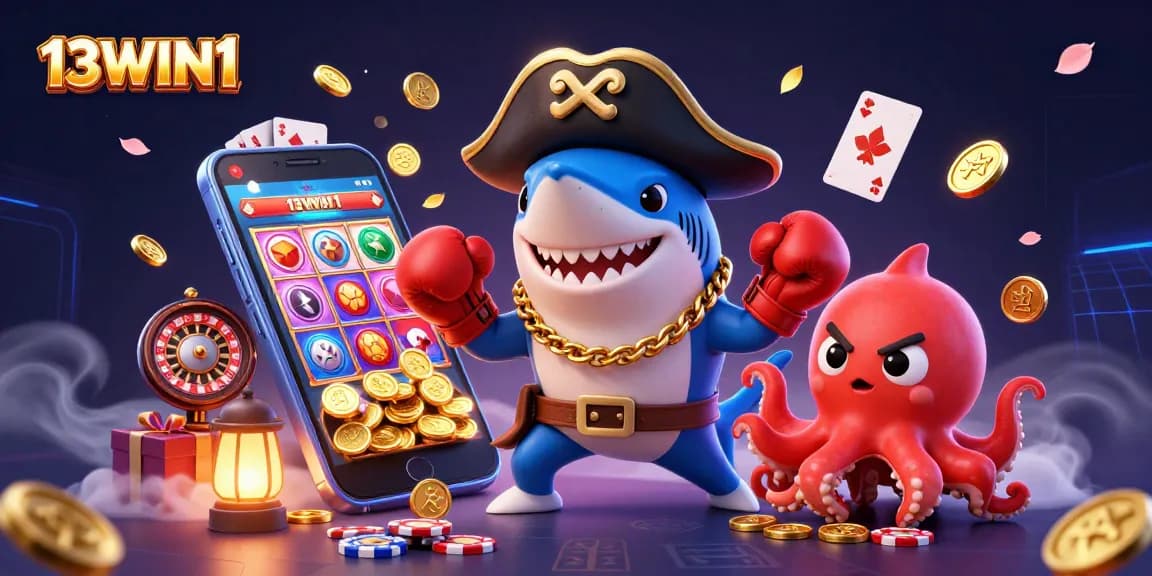 Engaging 3D illustration showcasing dynamic casino elements for 13WIN1 with a pirate shark, pufferfish, and octopus.