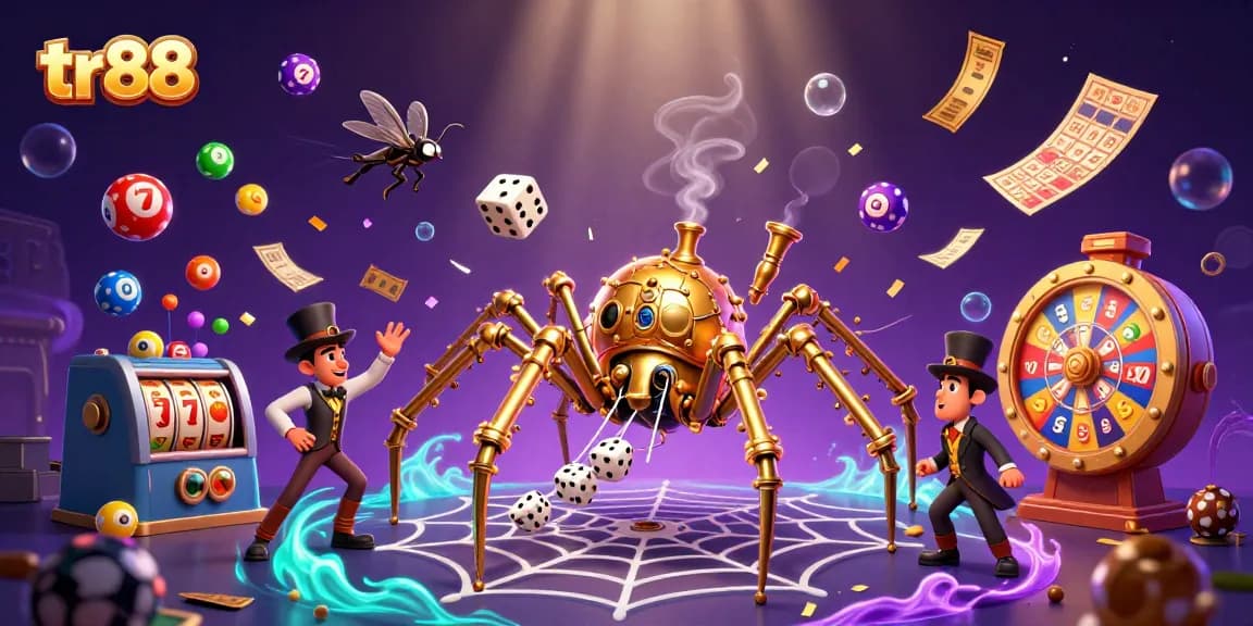 tr88 gaming scene with a steampunk spider web and colorful lottery elements