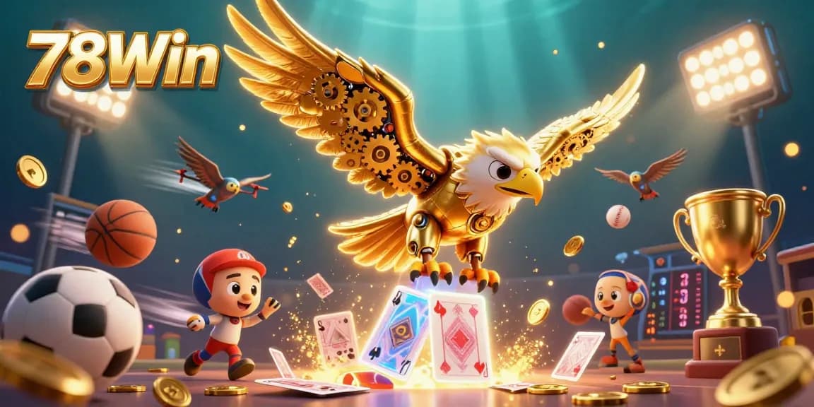 Experience the excitement of 78Win with a golden eagle amidst dynamic sports elements and holographic cards.