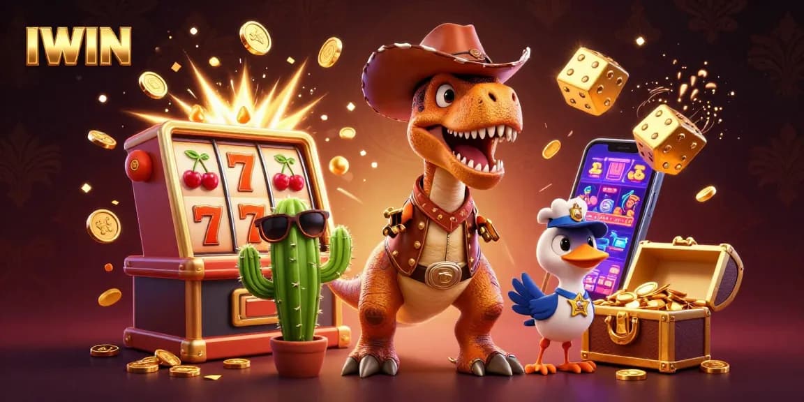 IWIN offers dynamic gaming experiences with a lively T-Rex, cactus, and roadrunner in vibrant casino scenes.