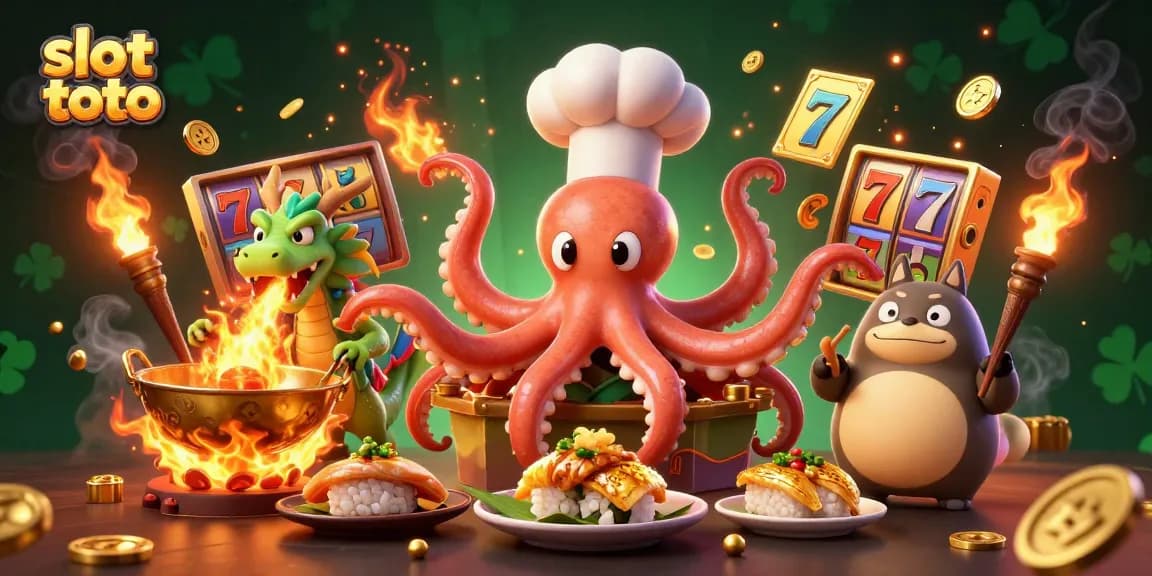 Engage with thrilling slot toto action featuring golden dishes, vibrant dragons, and an energetic atmosphere.
