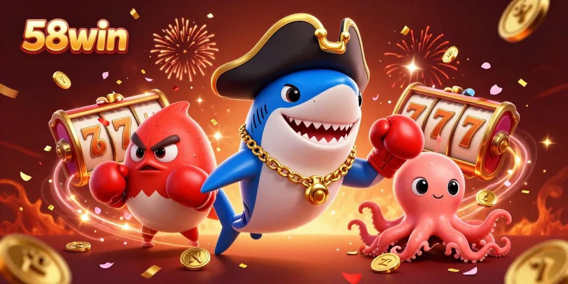 Experience the thrill of 58win with a vivid 3D scene featuring a pirate shark and friends in a lively casino.