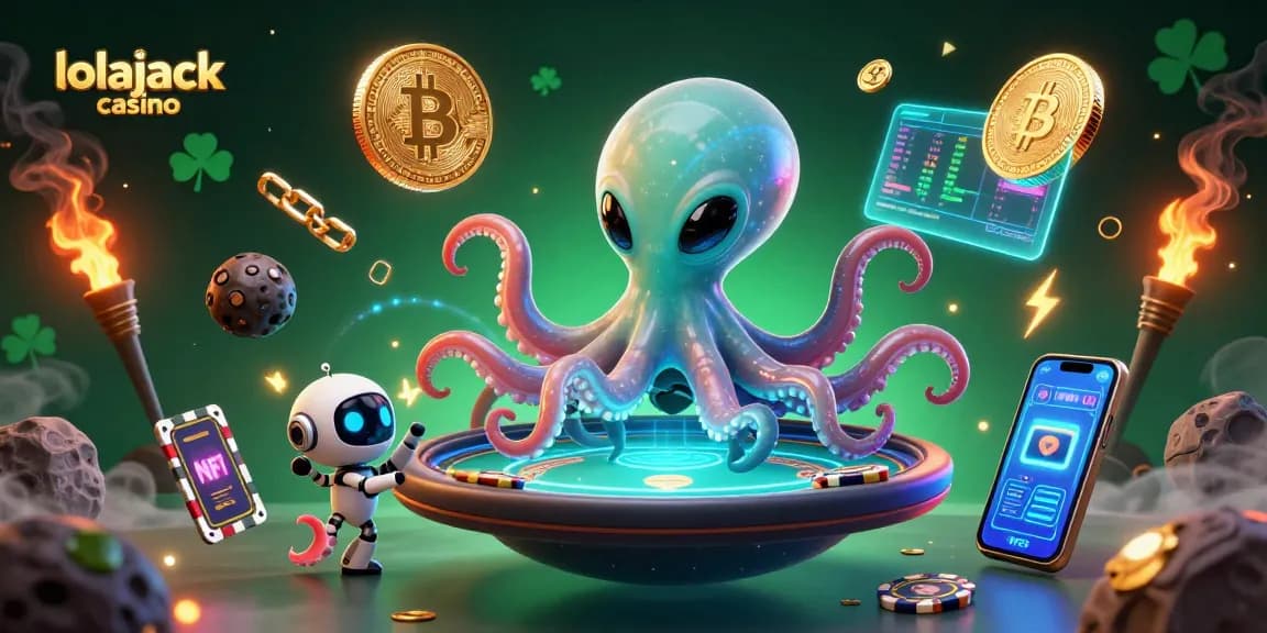 Experience thrilling gameplay at lolajack casino with an alien octopus dealer and crypto-themed elements.