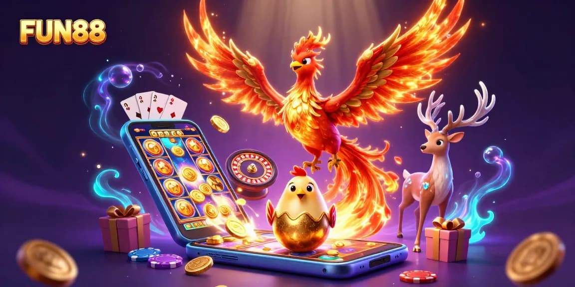 Engage with FUN88's dynamic casino experience featuring a phoenix and thrilling game elements.