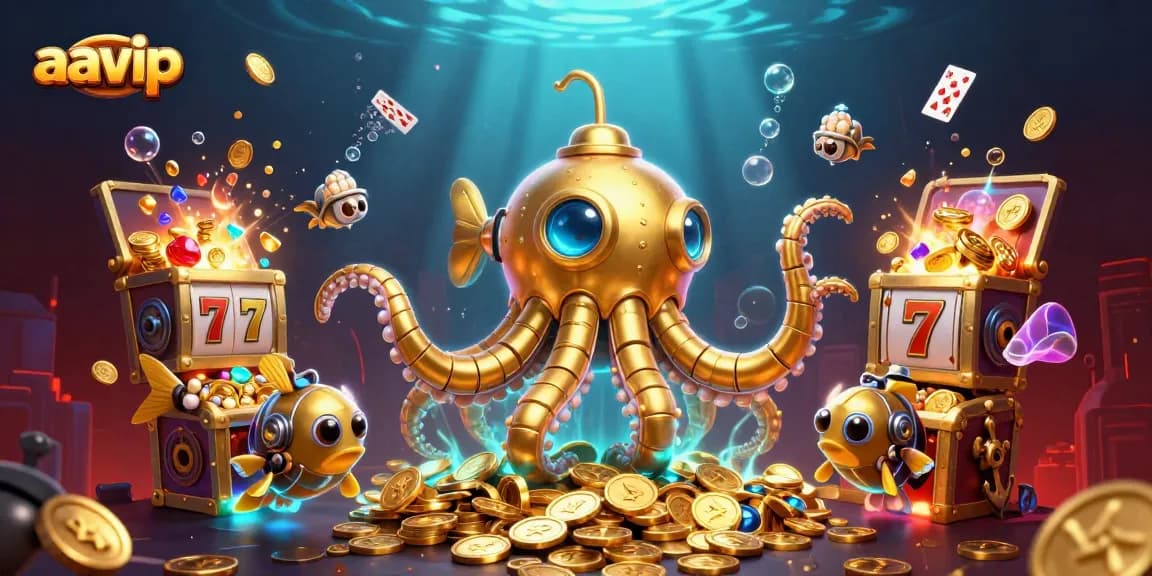 Aavip players enjoy a thrilling gaming experience with vivid slot reels and a golden kraken submarine.