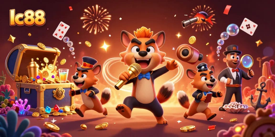 Experience the vibrant lc 88 casino atmosphere with hyenas in a comedy club, surrounded by festive elements.