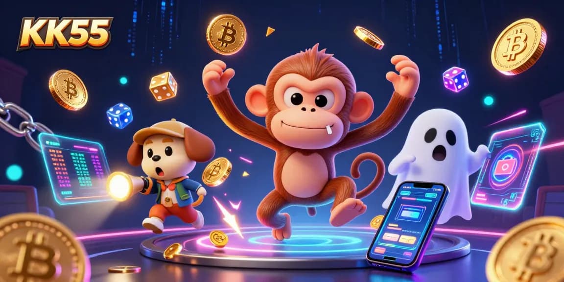 Experience KK55’s dynamic casino environment with playful characters and digital currency elements