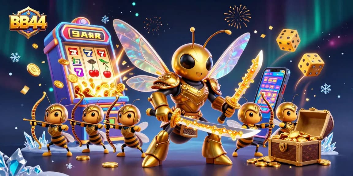 Engage with BB44's vibrant casino action featuring a dynamic golden hornet samurai amidst slots and jackpots.