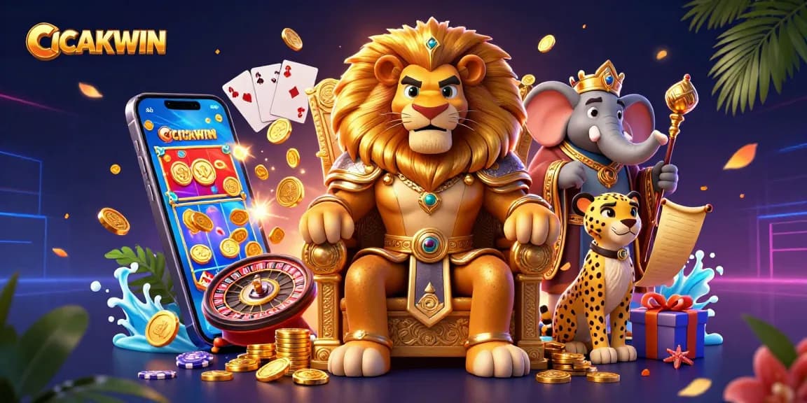 CICAKWIN delivers thrilling gameplay experiences with vibrant slot games and coins in a dynamic casino scene.
