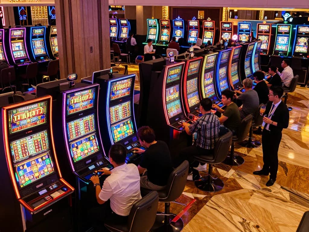 kinggaruda138 players engaging with vibrant slot machines in a lively casino
