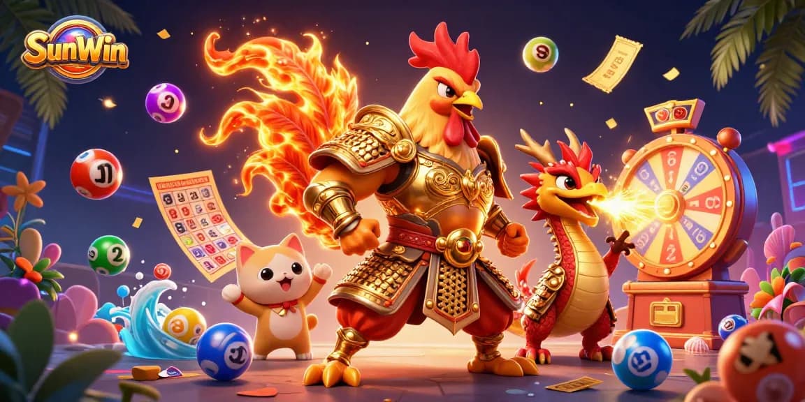 SunWin delivers an exciting gaming experience with colorful lottery balls bouncing in a dynamic casino scene.