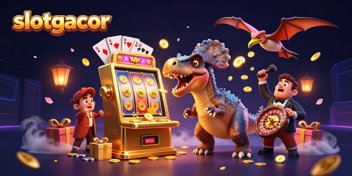 Slotgacor engages players with dynamic cartoon action as a dinosaur interacts with a golden slot machine.