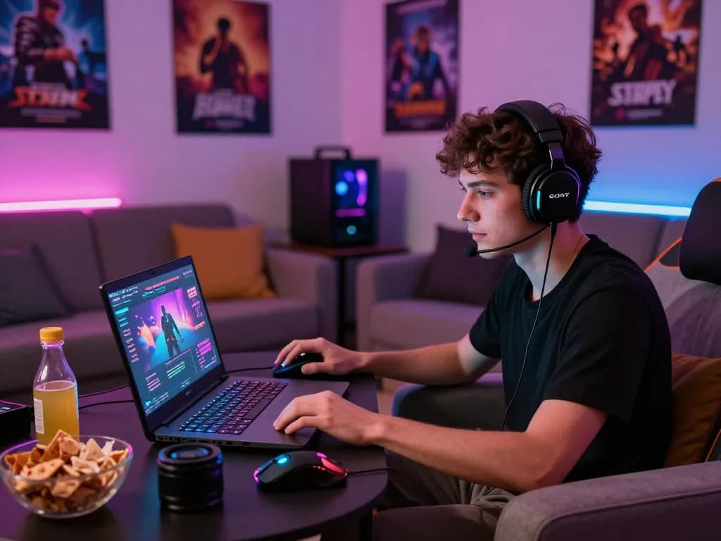 Engaged gamer playing an html porn game in a cozy lounge.