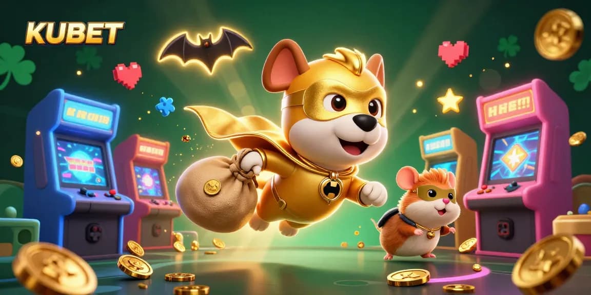 KUBET casino superhero dog winning gold coins in a vibrant 3D game world