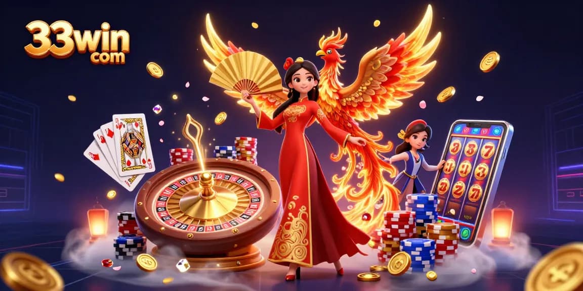 Play thrilling games at 33win com, featuring exciting characters, dynamic gold coins, and casino elements.