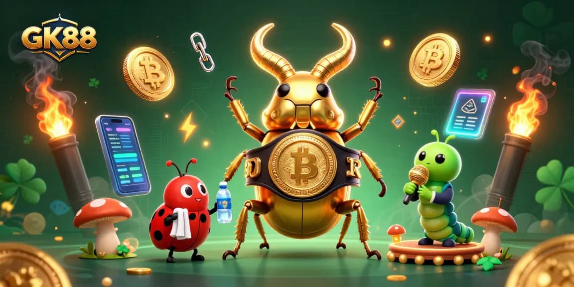 Compete with GK88 in a vibrant 3D casino scene featuring golden beetle champions.