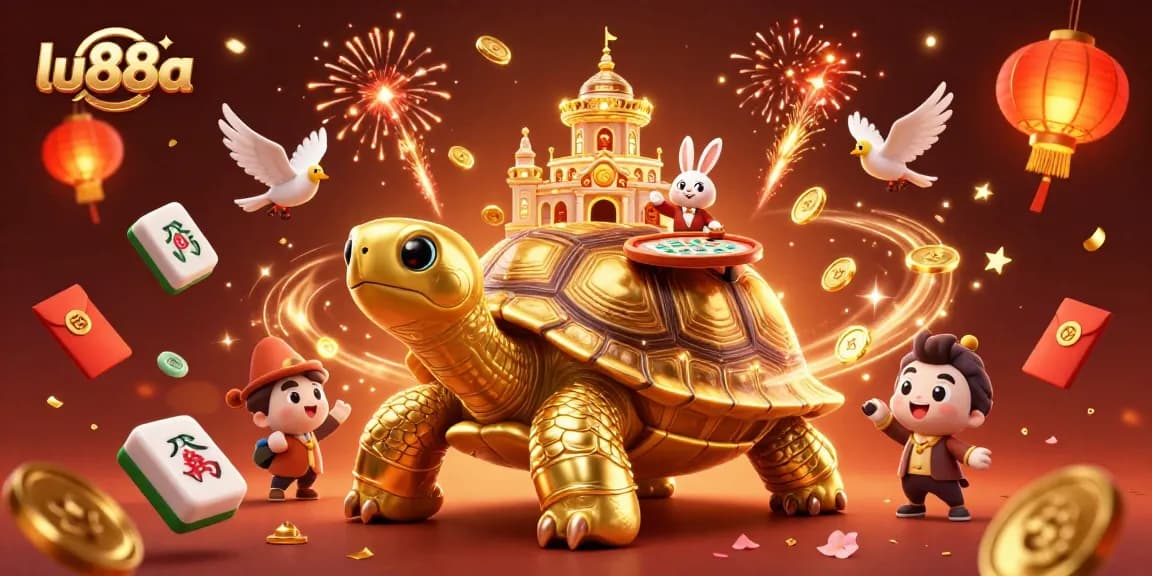 Experience the excitement of lu88a with a vibrant casino-themed illustration featuring a golden tortoise and lively gaming elements.
