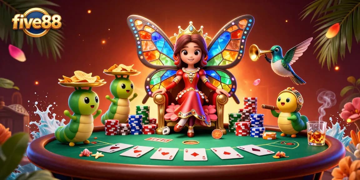 Win with five88 at a lively poker scene with a butterfly queen and vibrant casino elements.