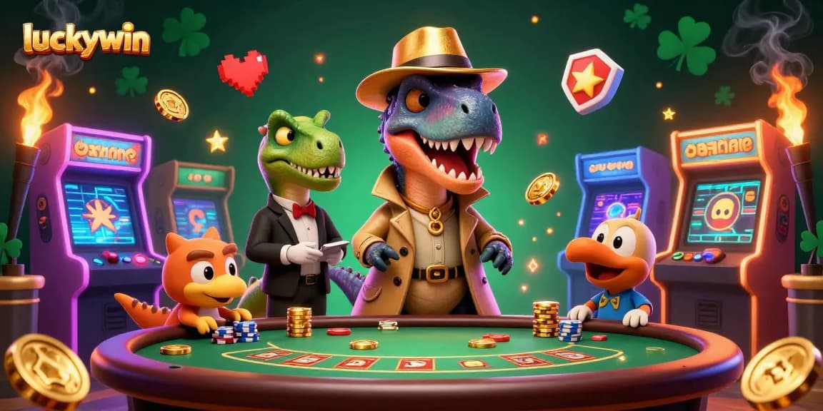 Experience thrilling gameplay at luckywin with a cartoon velociraptor at a blackjack table amidst vibrant casino elements.