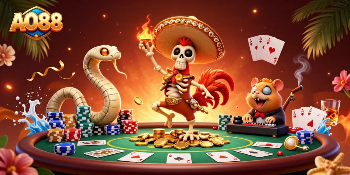 Experience the excitement of AO88 with a vibrant 3D casino scene featuring animated characters and dynamic game elements.