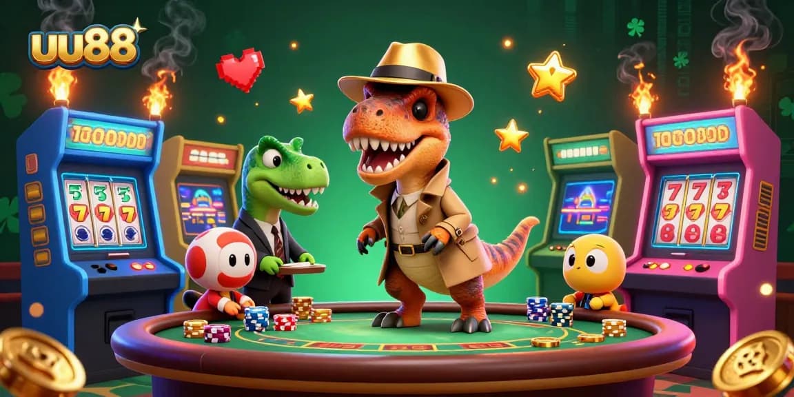 Experience thrilling gameplay with uu88 as a velociraptor finesses a blackjack table amidst a vibrant casino scene.